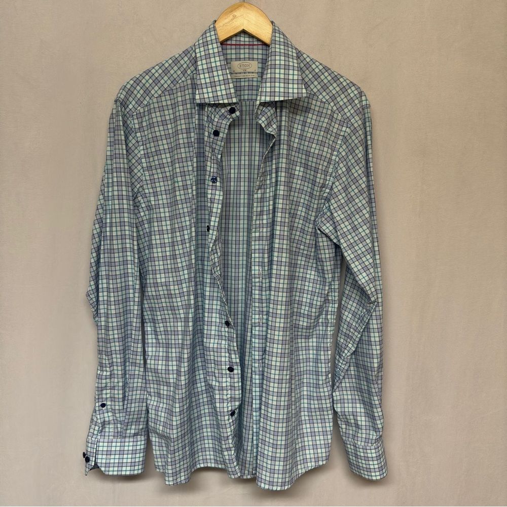 Eton of Sweden Button Up Cotton Plaid Shirt Blue and Green Size 43/17